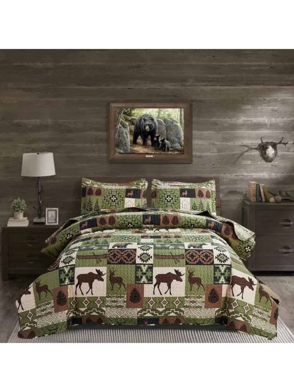 Rustic King Size Quilt Set - Lightweight Reversible Bedspread, Patchwork Lodge
